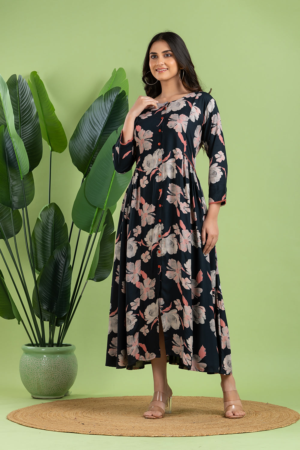 Dark Blue & Pink Floral Print A-Line Dress with Gathers