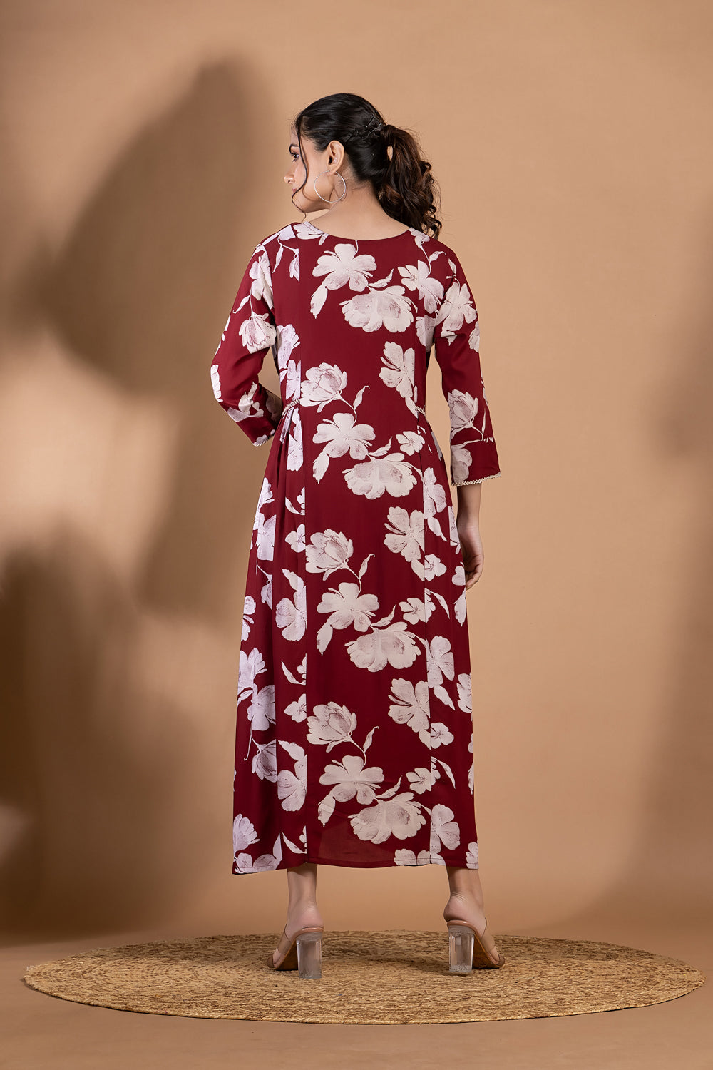 Maroon Floral Print A-Line Dress with Gathers