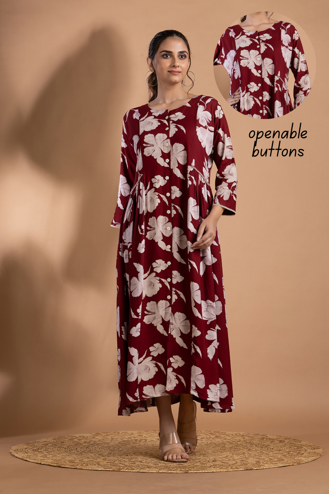 Maroon Floral Print A-Line Dress with Gathers