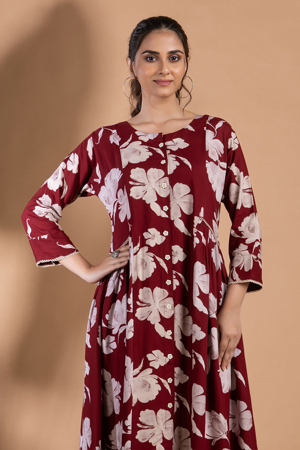 Maroon Floral Print A-Line Dress with Gathers