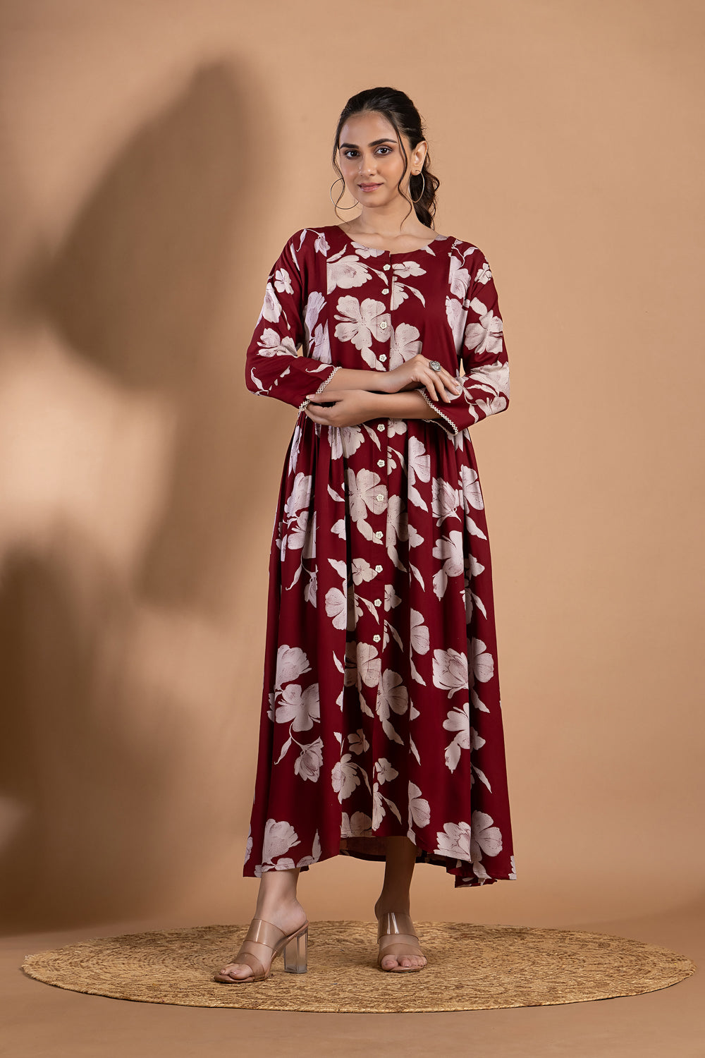 Maroon Floral Print A-Line Dress with Gathers