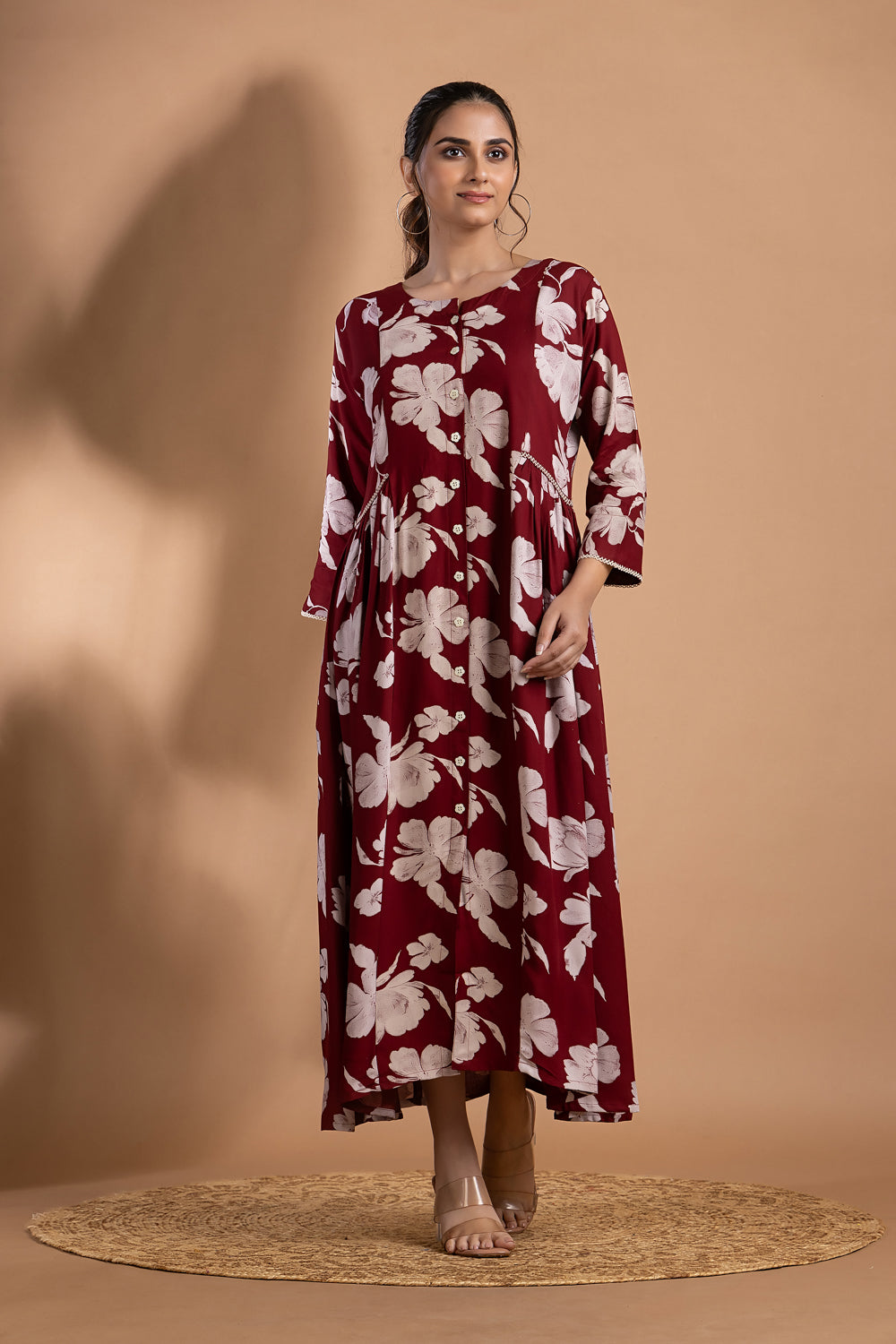 Maroon Floral Print A-Line Dress with Gathers