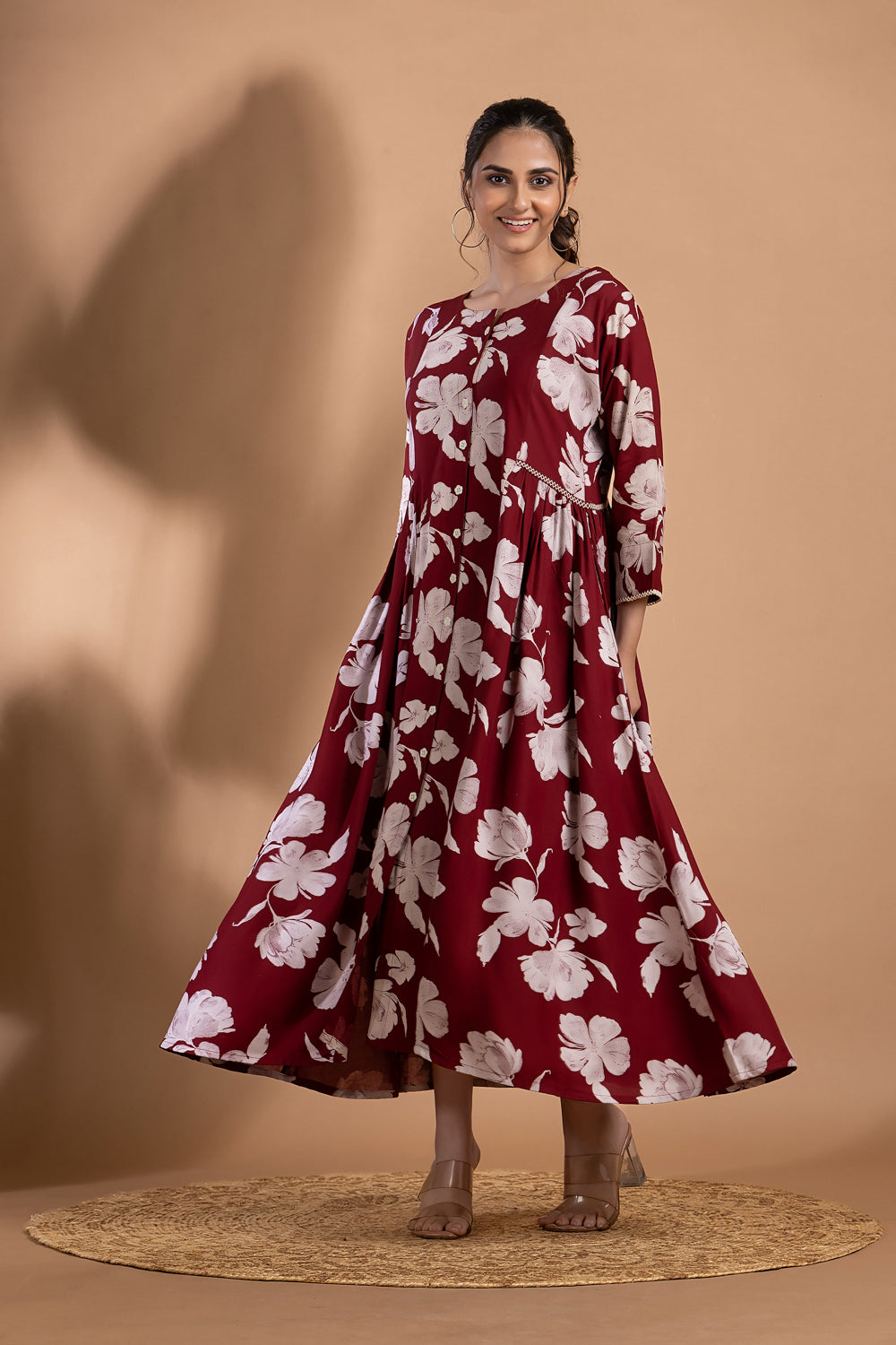 Maroon Floral Print A-Line Dress with Gathers
