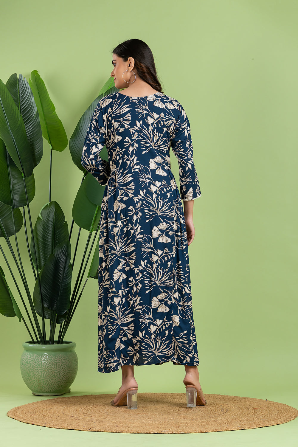 Teal Blue Floral Print A-Line Dress with Gathers