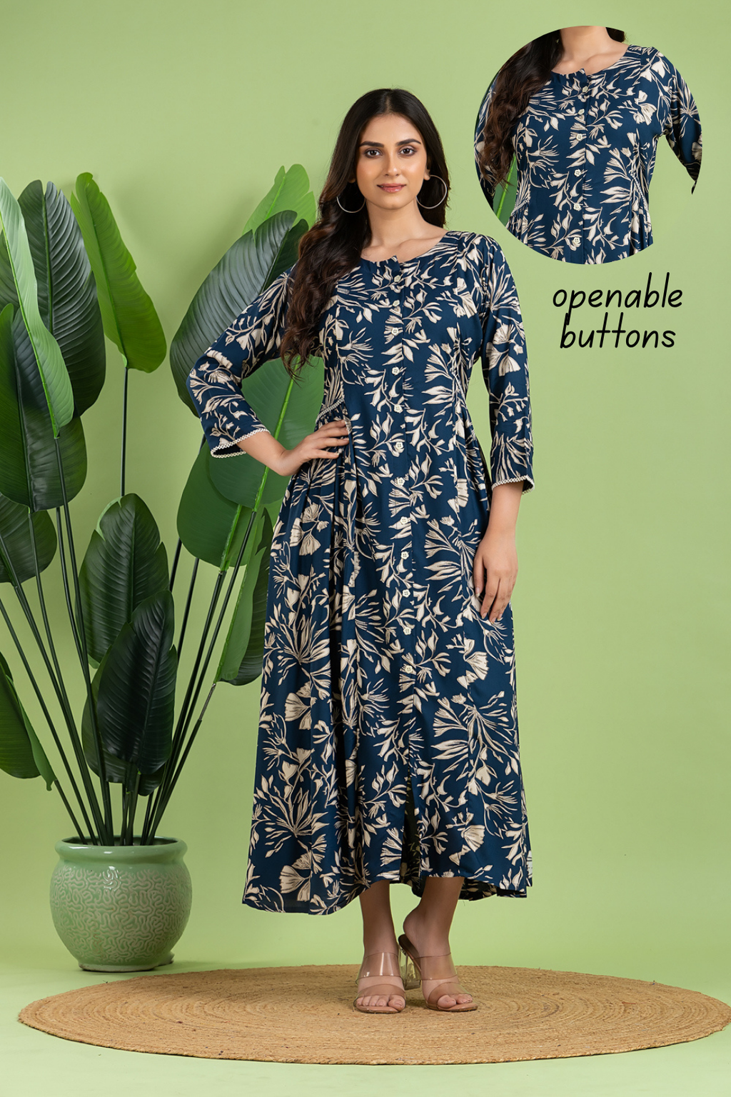 Teal Blue Floral Print A-Line Dress with Gathers
