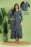 Teal Blue Floral Print A-Line Dress with Gathers