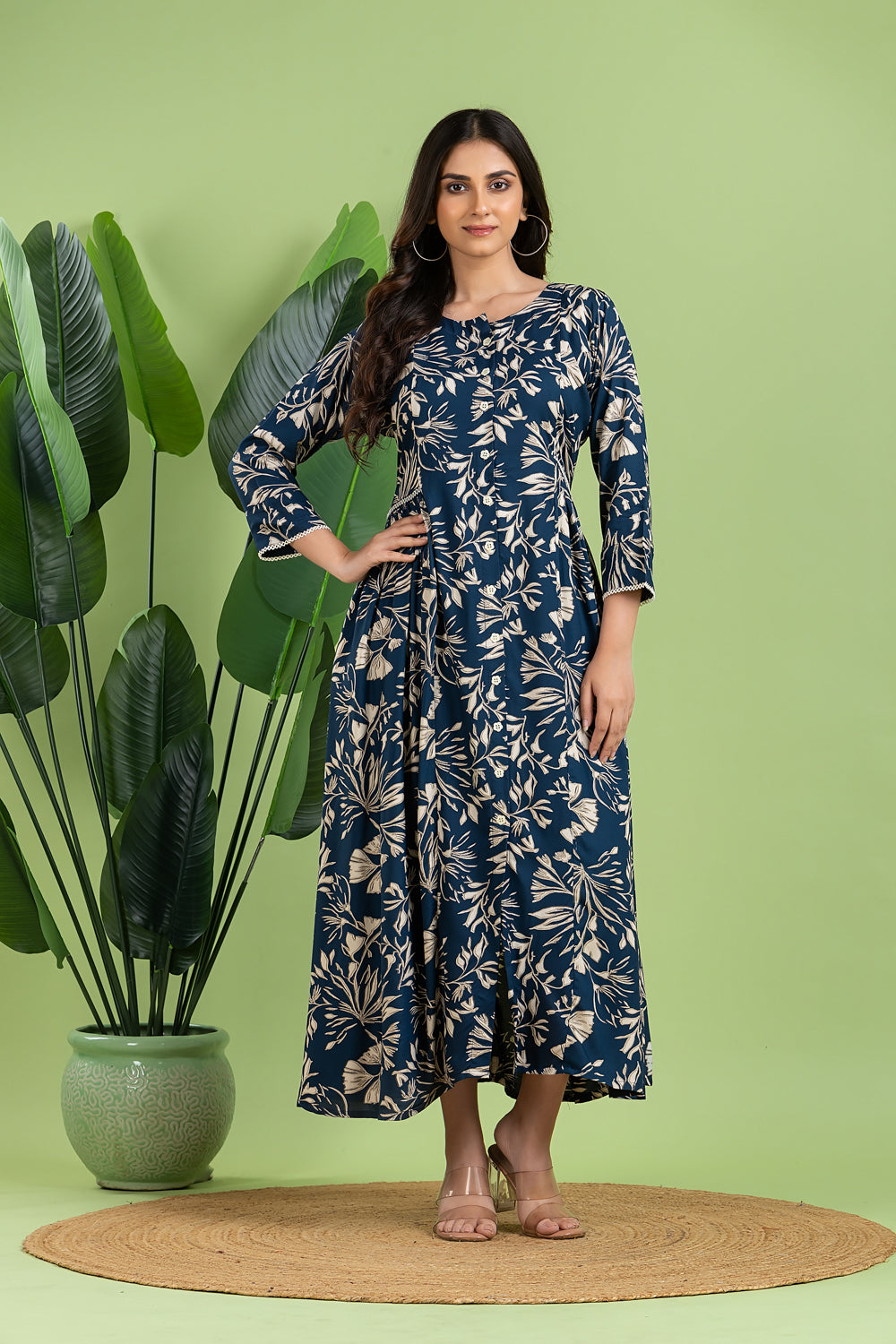 Teal Blue Floral Print A-Line Dress with Gathers