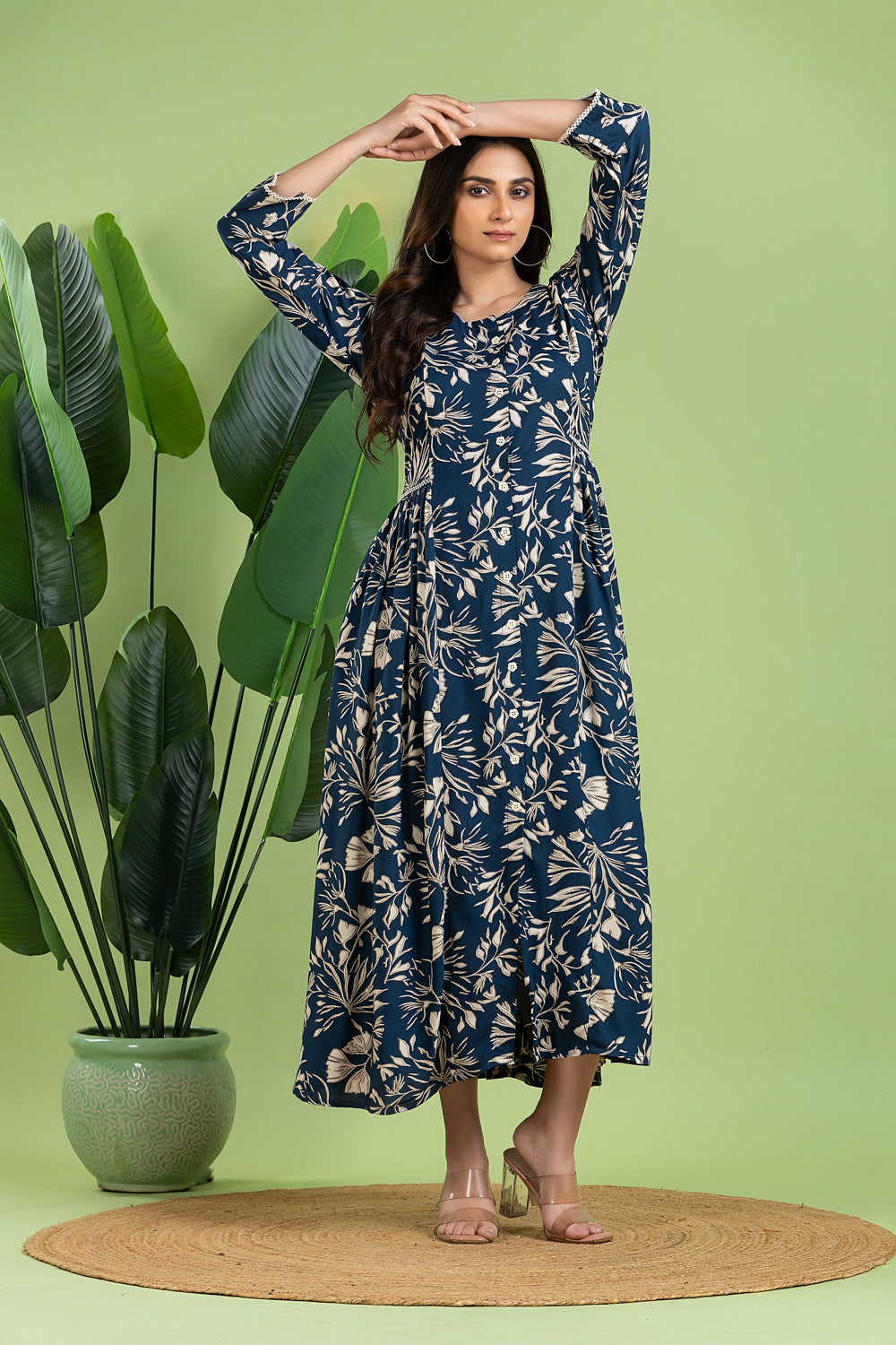 Teal Blue Floral Print A-Line Dress with Gathers