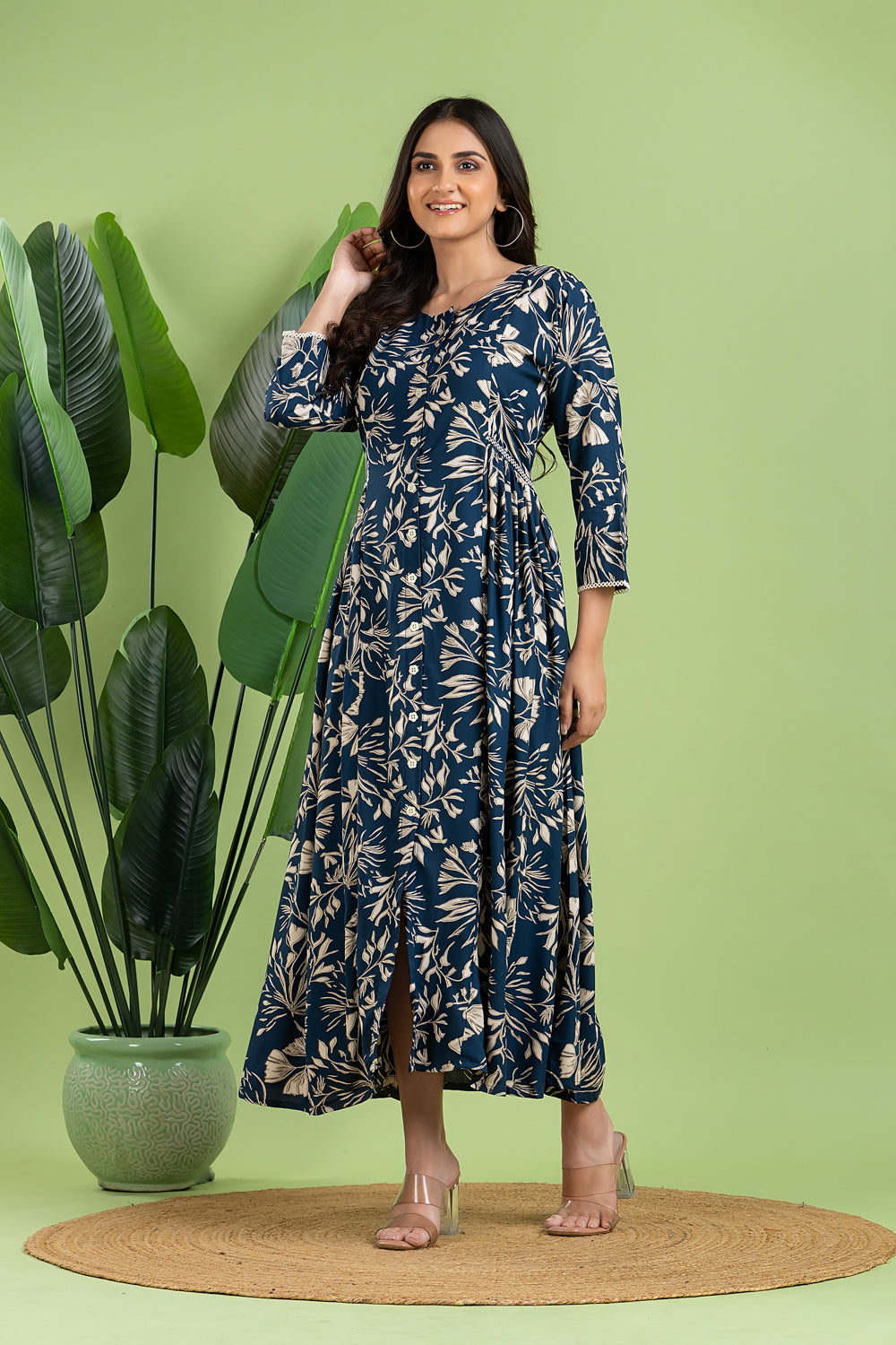 Teal Blue Floral Print A-Line Dress with Gathers
