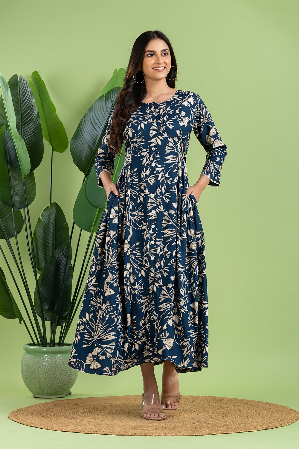 Teal Blue Floral Print A-Line Dress with Gathers