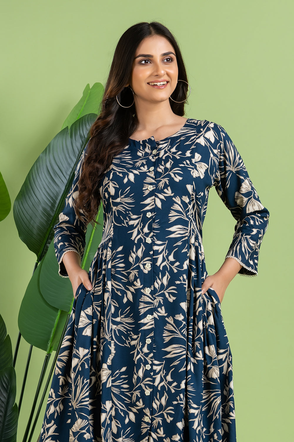 Teal Blue Floral Print A-Line Dress with Gathers