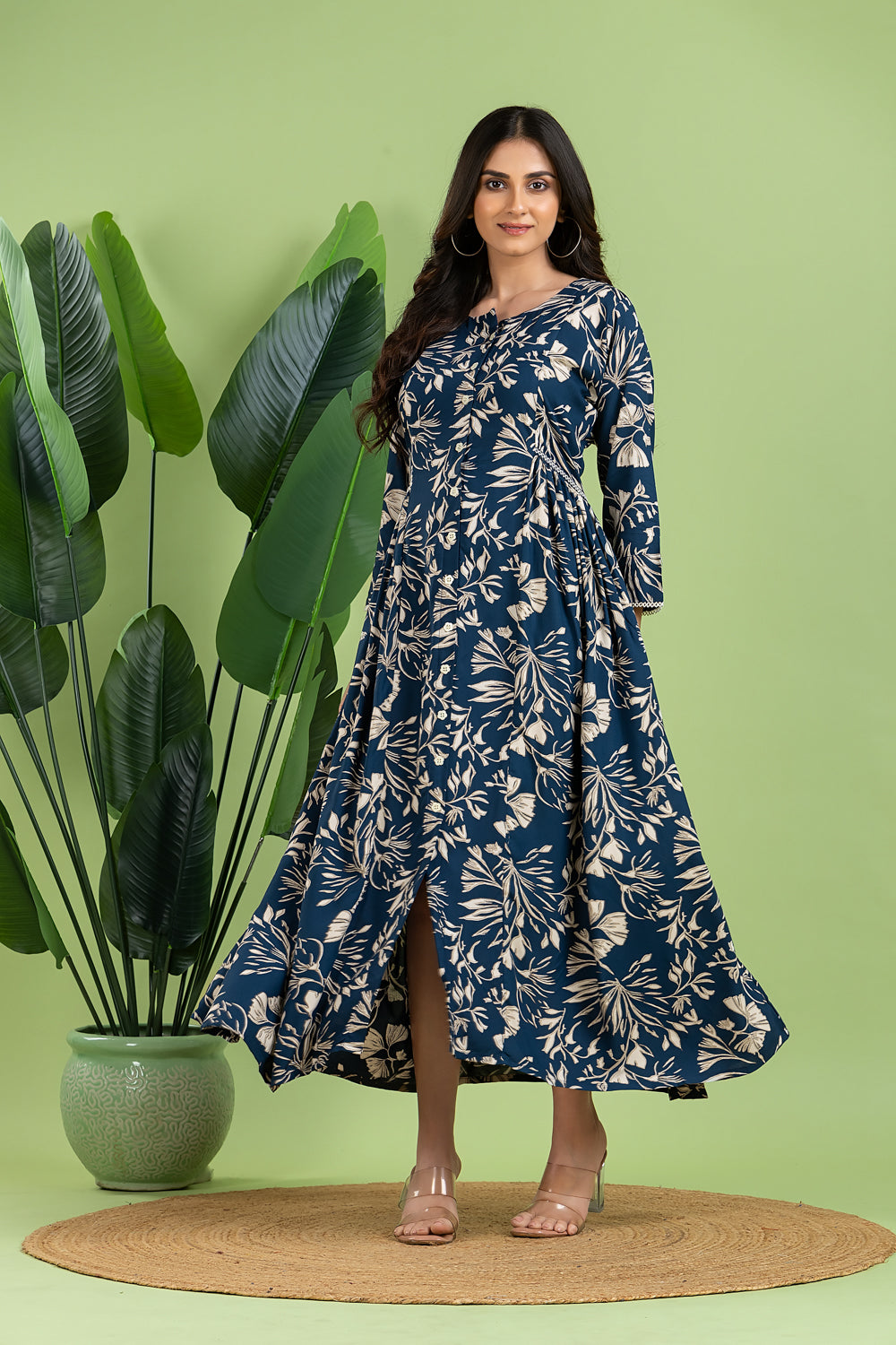 Teal Blue Floral Print A-Line Dress with Gathers