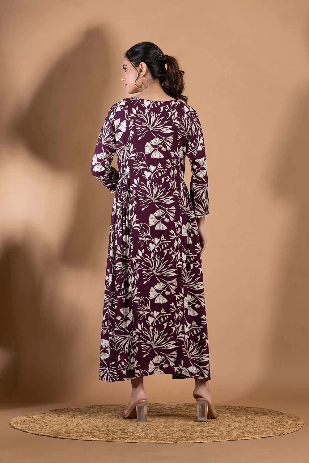 Burgundy Floral Print A-Line Dress with Gathers