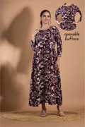 Burgundy Floral Print A-Line Dress with Gathers