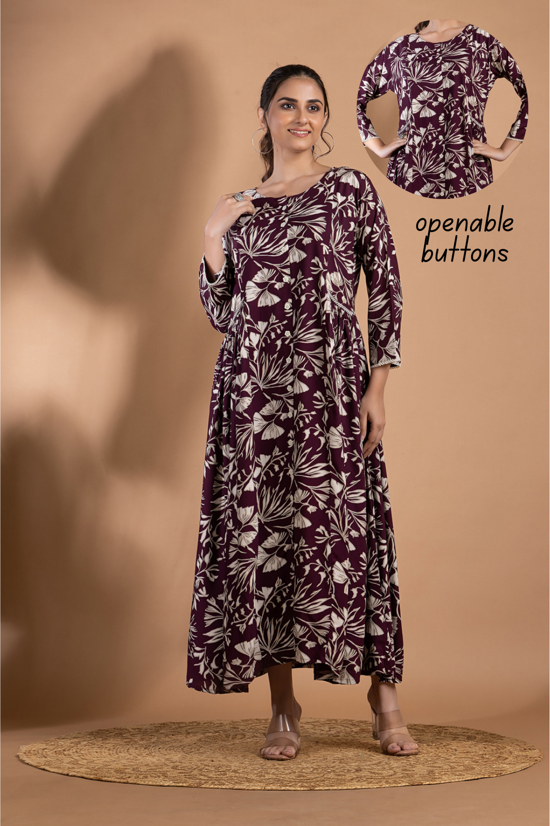 Burgundy Floral Print A-Line Dress with Gathers