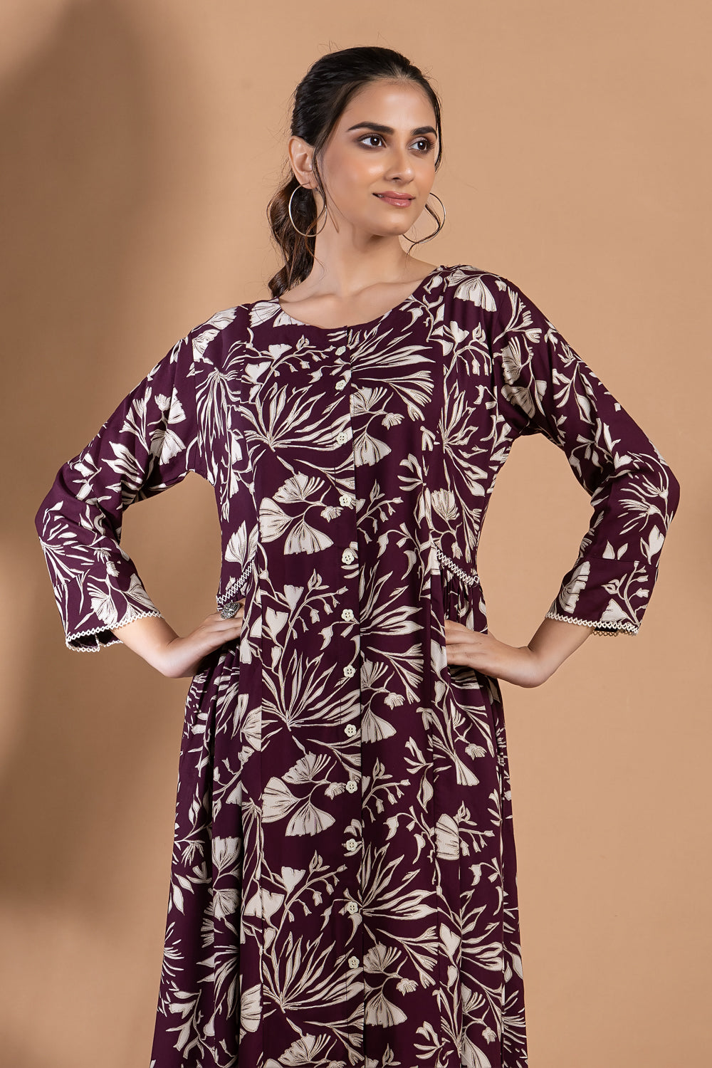 Burgundy Floral Print A-Line Dress with Gathers