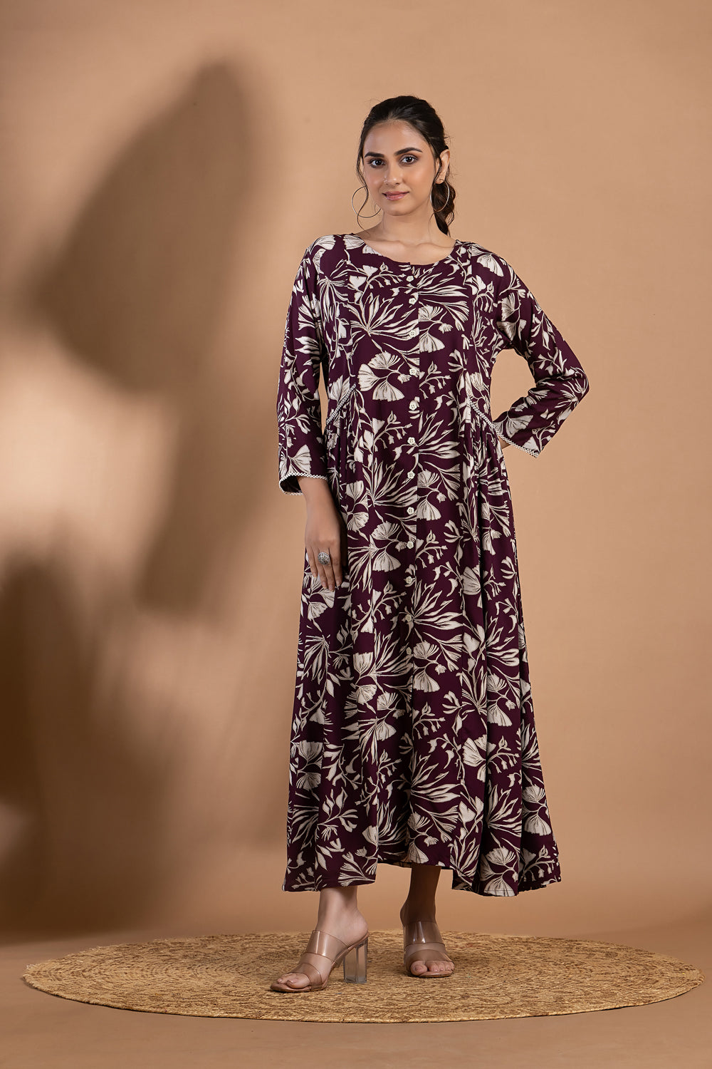 Burgundy Floral Print A-Line Dress with Gathers