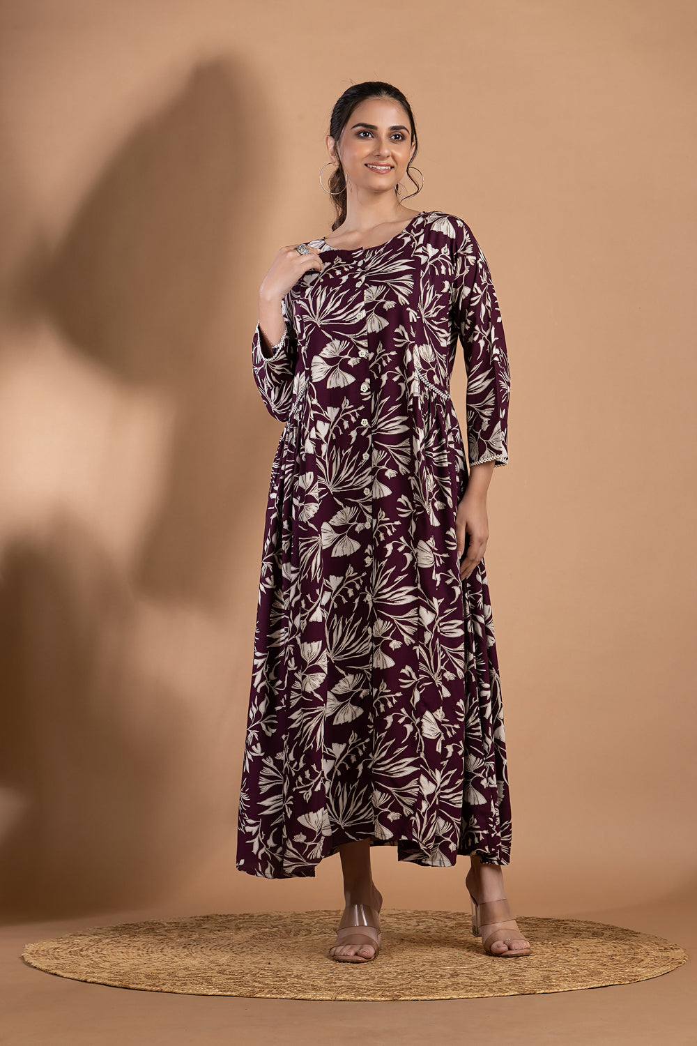 Burgundy Floral Print A-Line Dress with Gathers