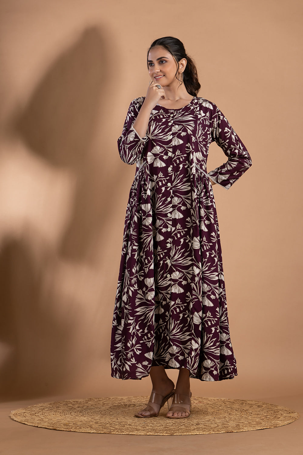 Burgundy Floral Print A-Line Dress with Gathers