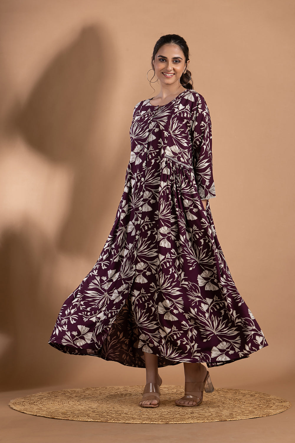 Burgundy Floral Print A-Line Dress with Gathers