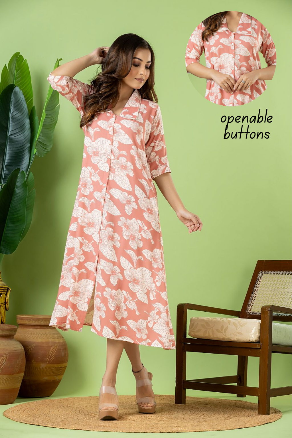 Salmon Pink Floral Print A-Line Dress