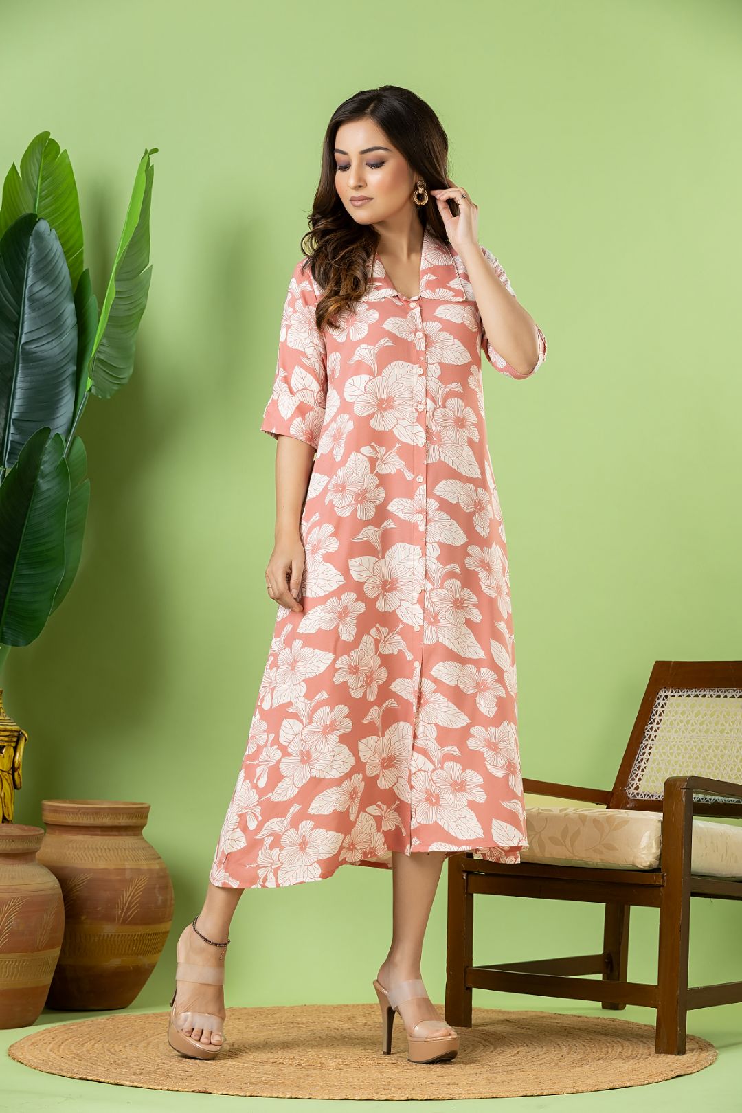 Salmon Pink Floral Print A-Line Dress