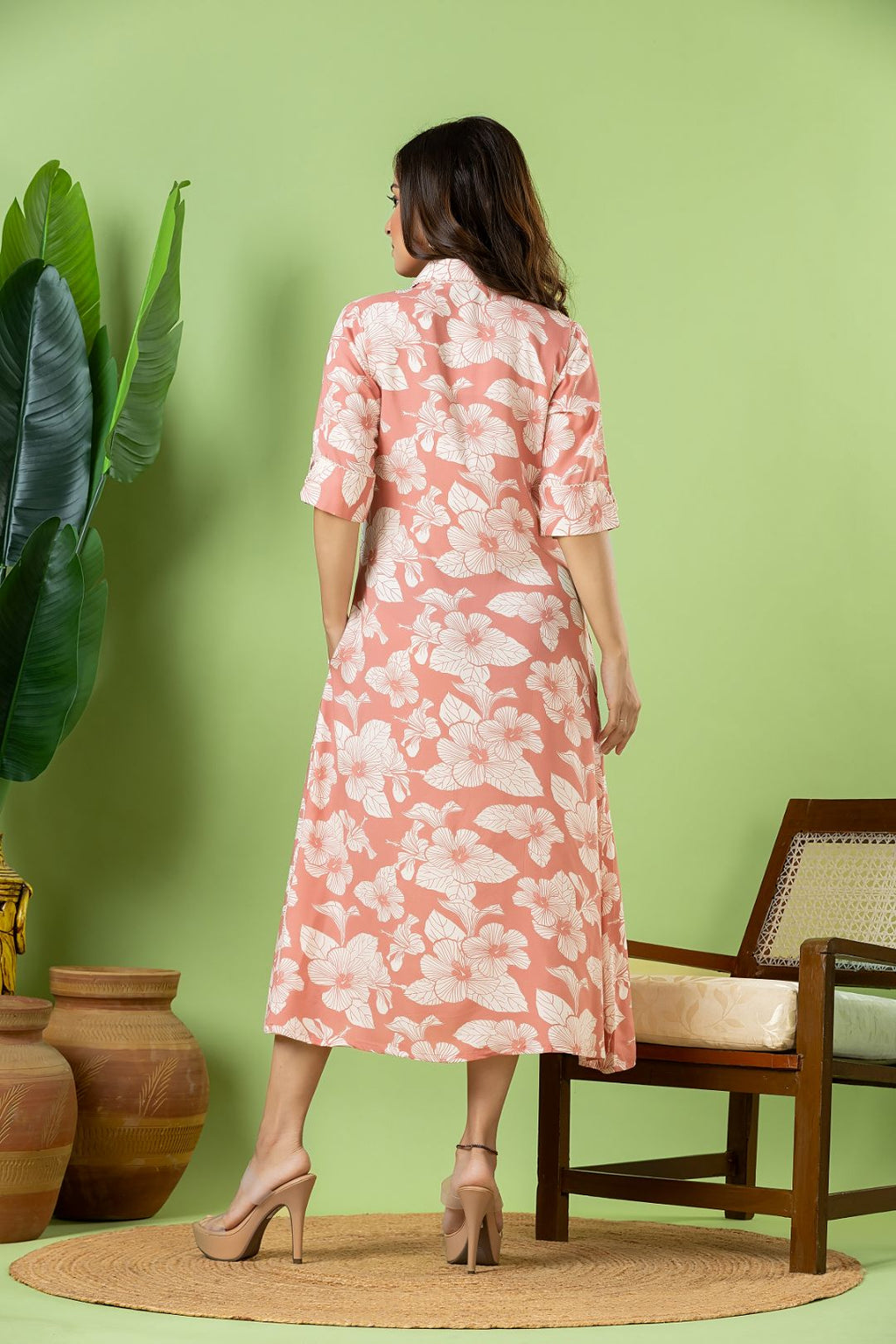 Salmon Pink Floral Print A-Line Dress
