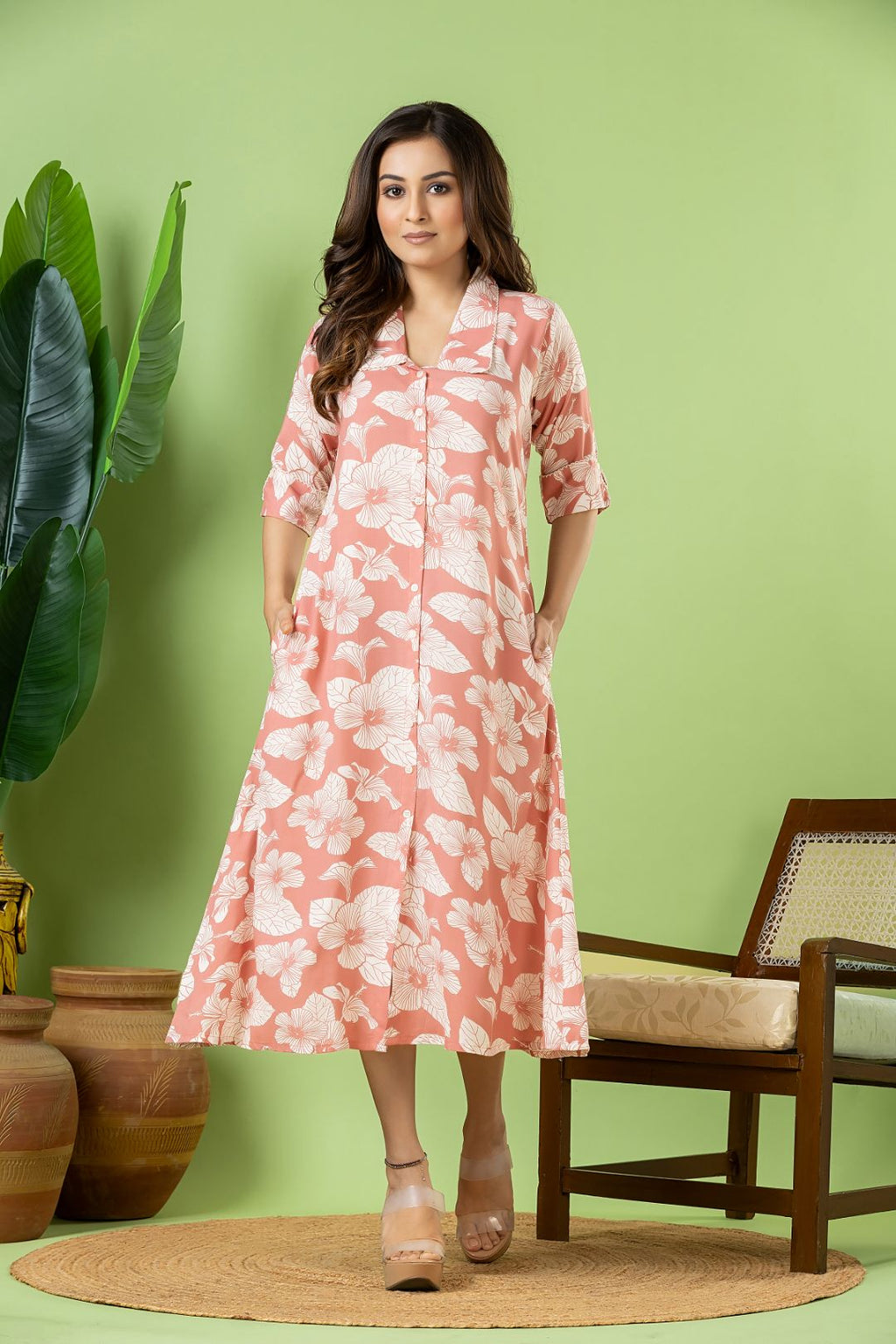 Salmon Pink Floral Print A-Line Dress