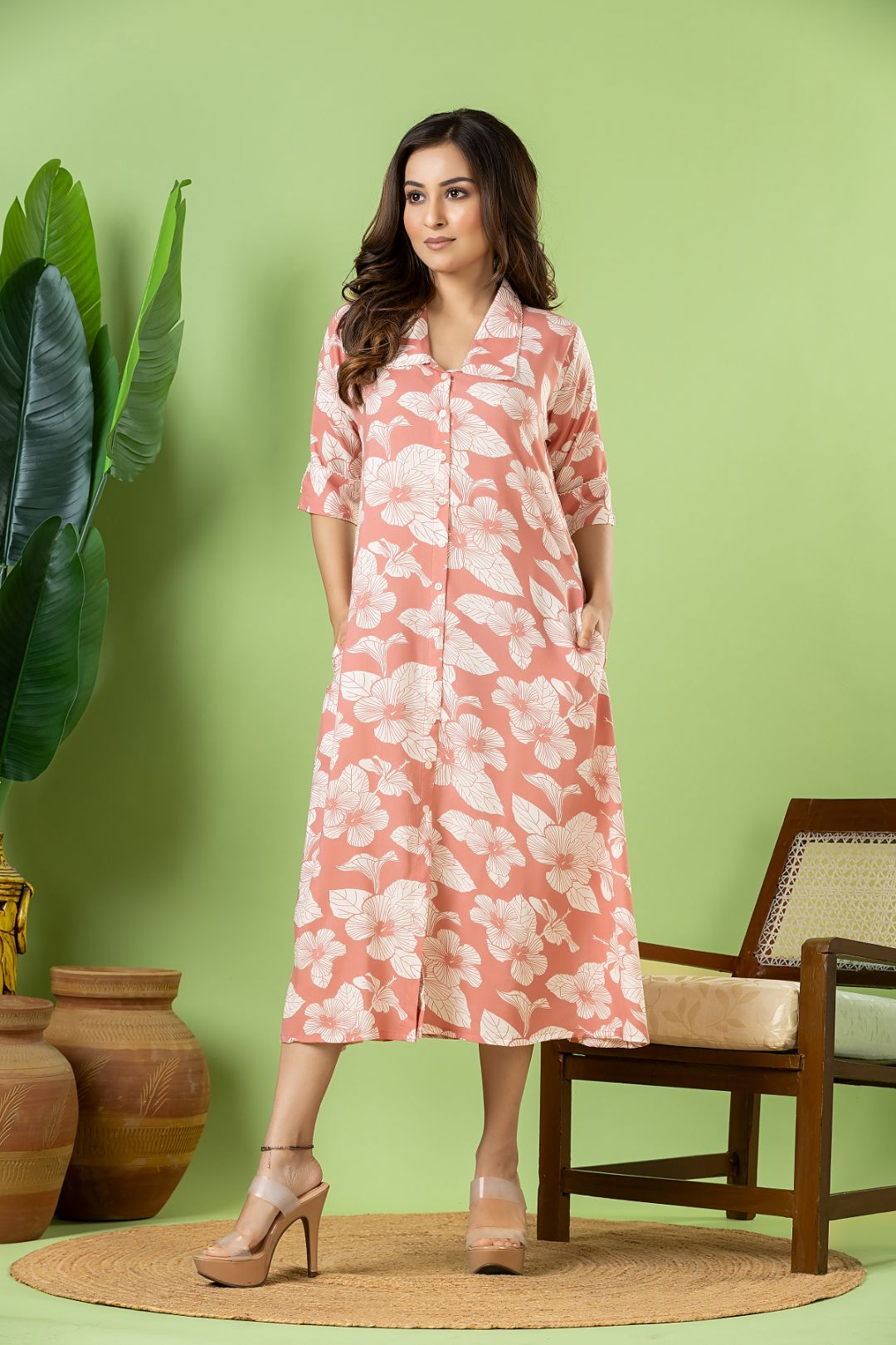 Salmon Pink Floral Print A-Line Dress