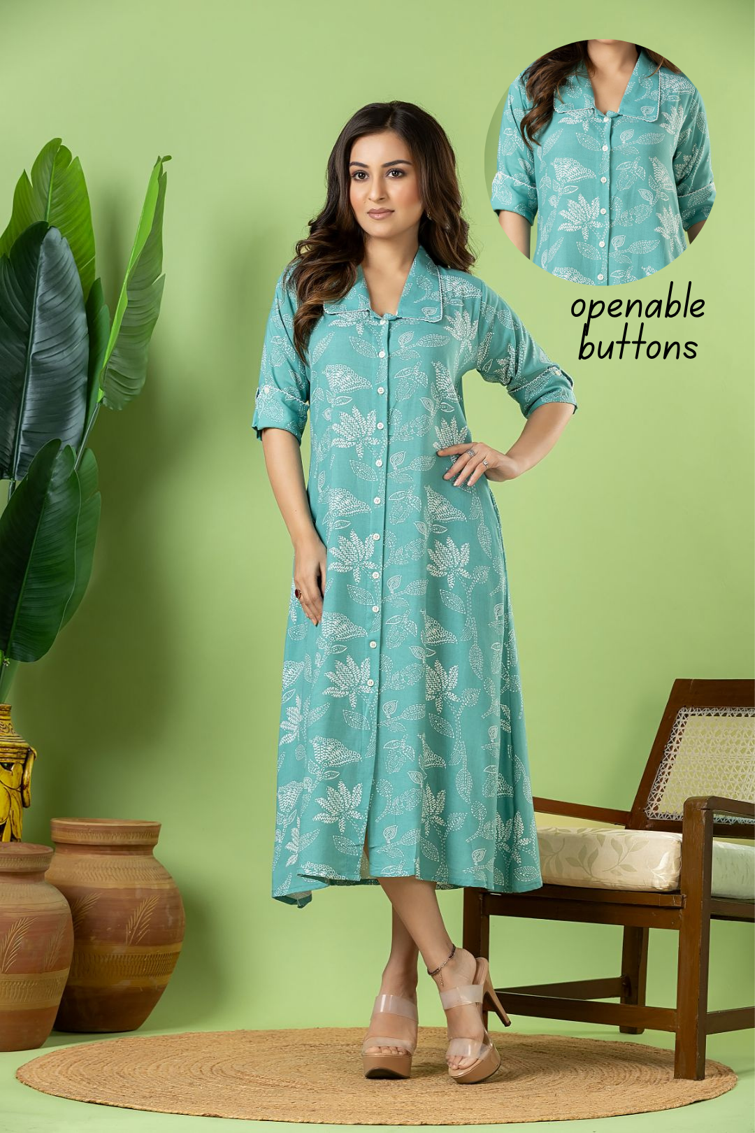 Aqua Blue Floral Print A-Line Dress