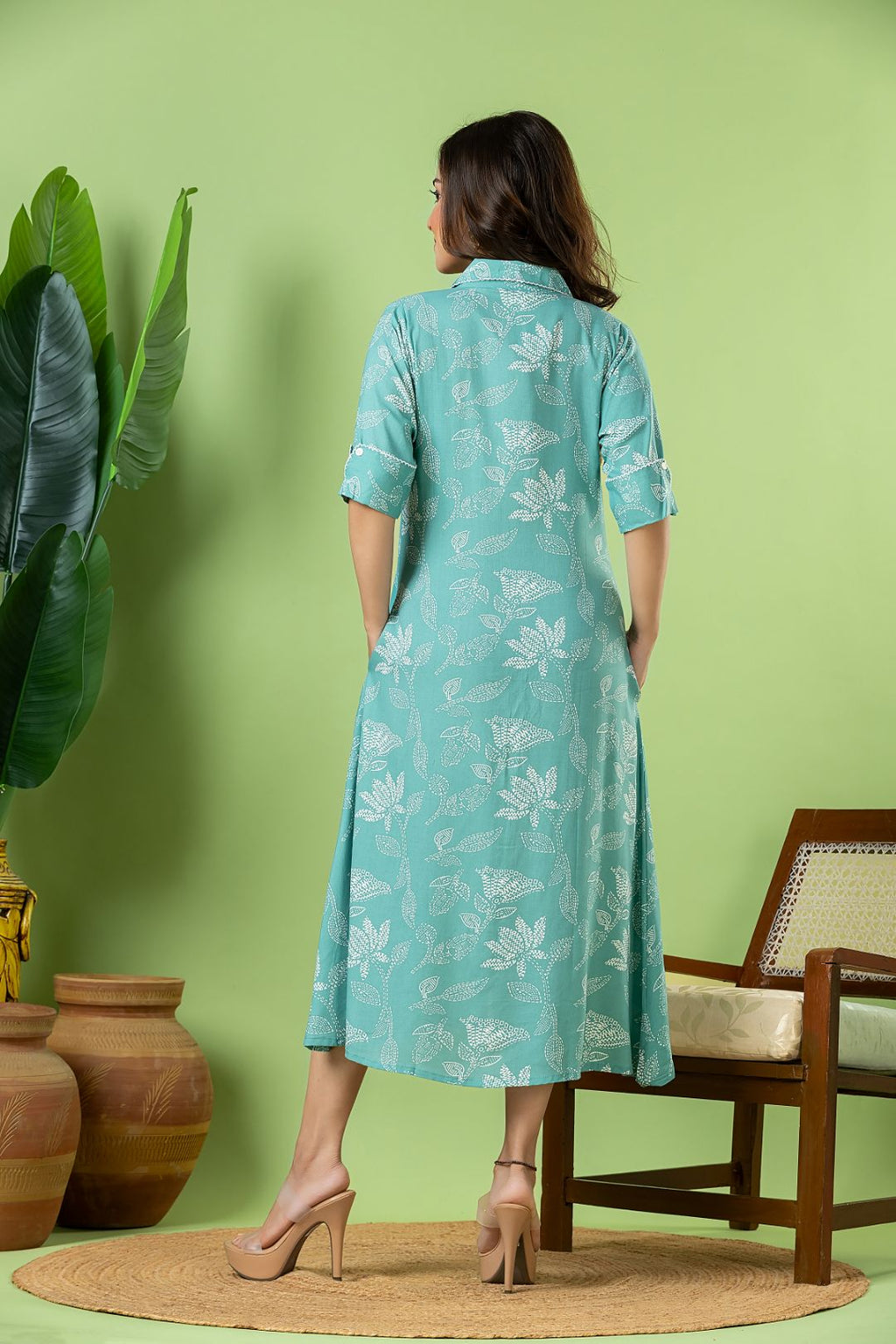Aqua Blue Floral Print A-Line Dress