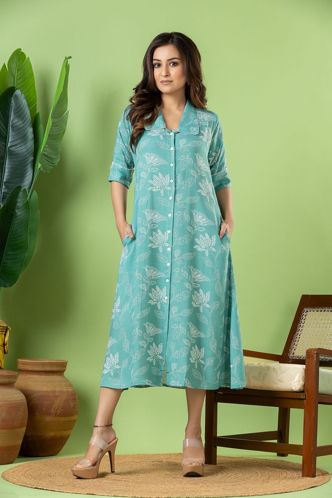 Aqua Blue Floral Print A-Line Dress