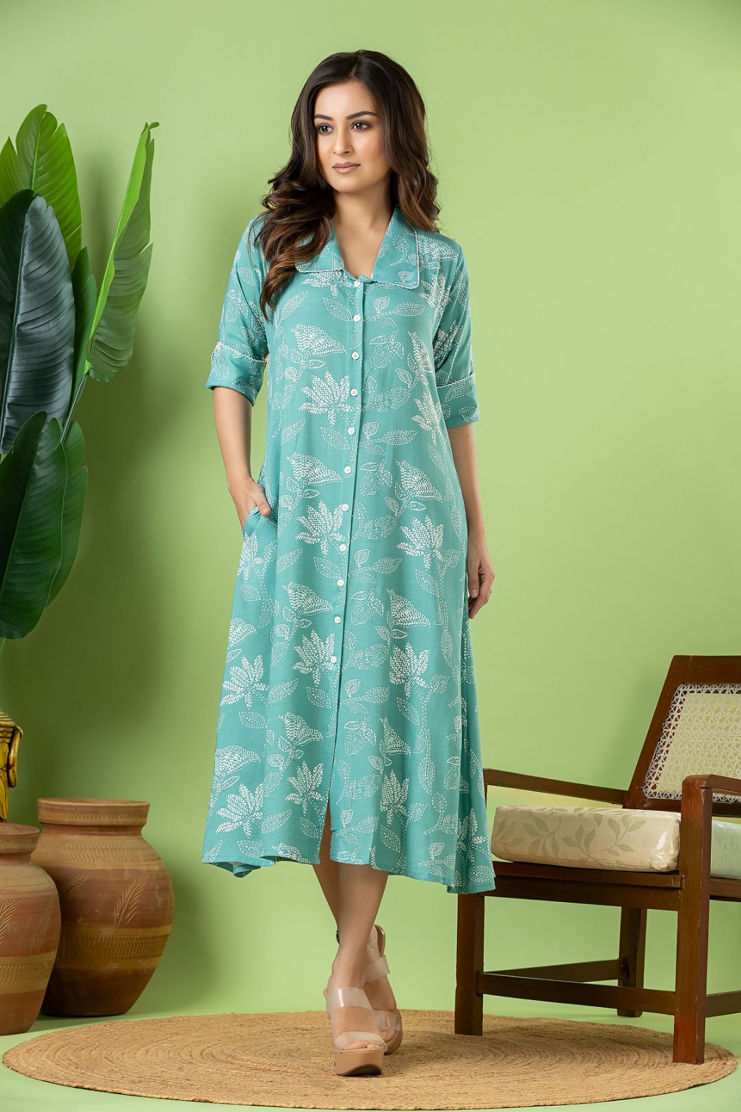Aqua Blue Floral Print A-Line Dress