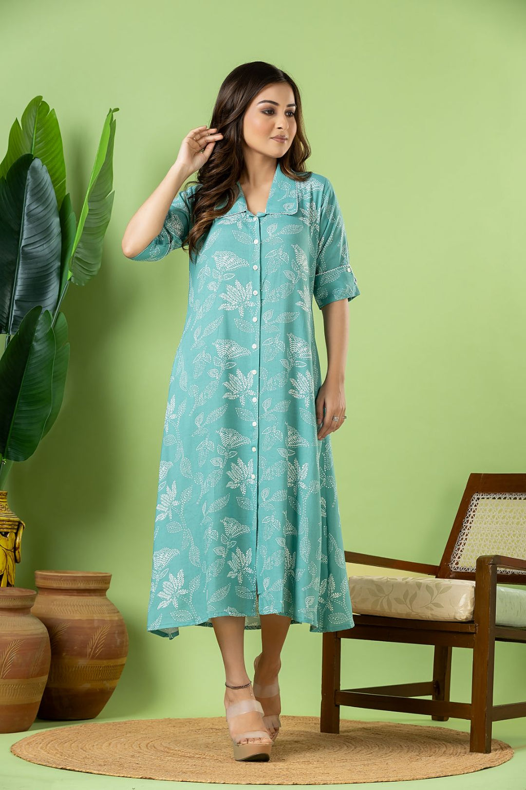 Aqua Blue Floral Print A-Line Dress