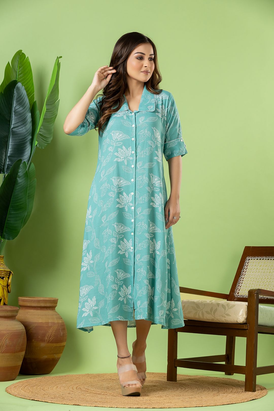 Aqua Blue Floral Print A-Line Dress