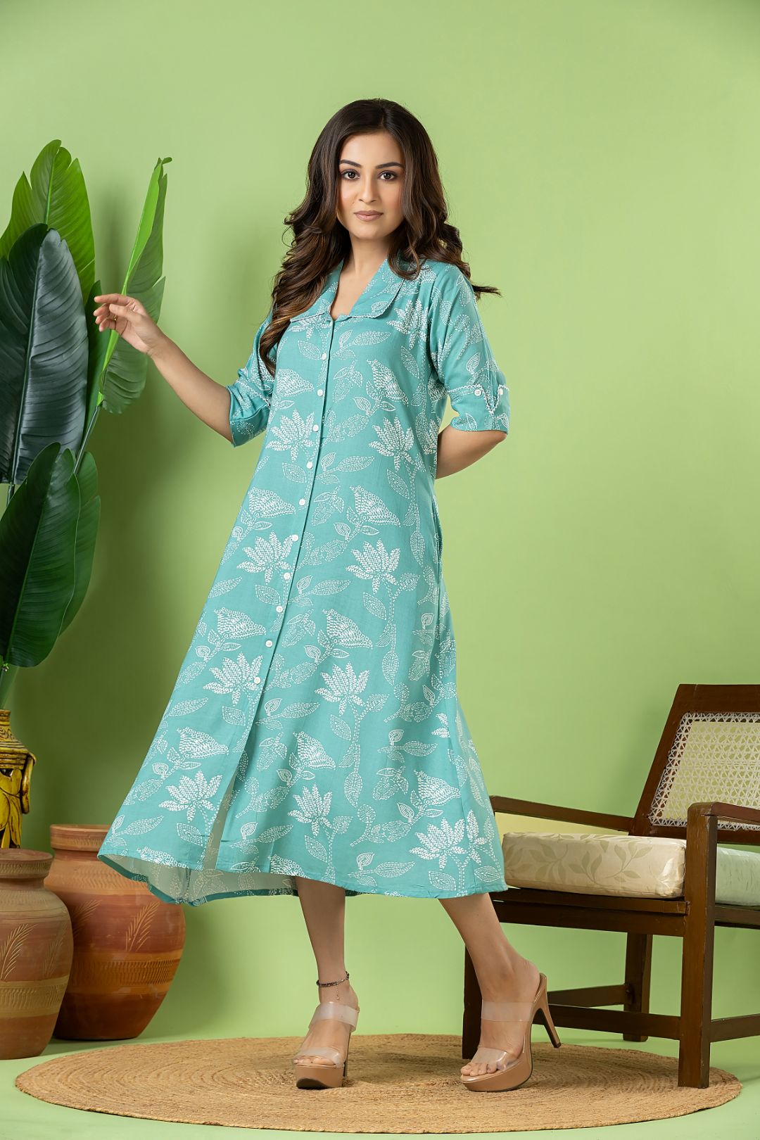 Aqua Blue Floral Print A-Line Dress