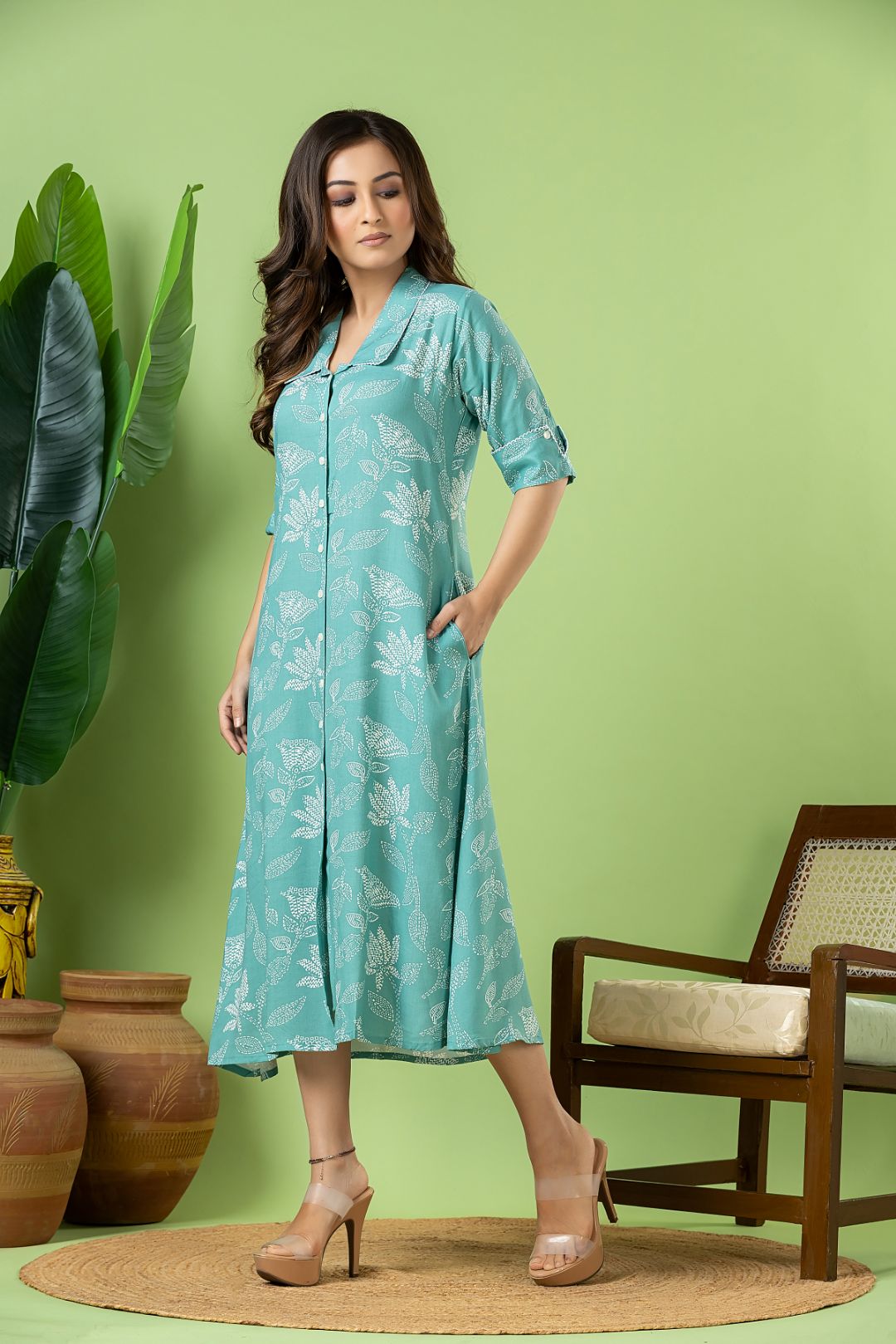 Aqua Blue Floral Print A-Line Dress
