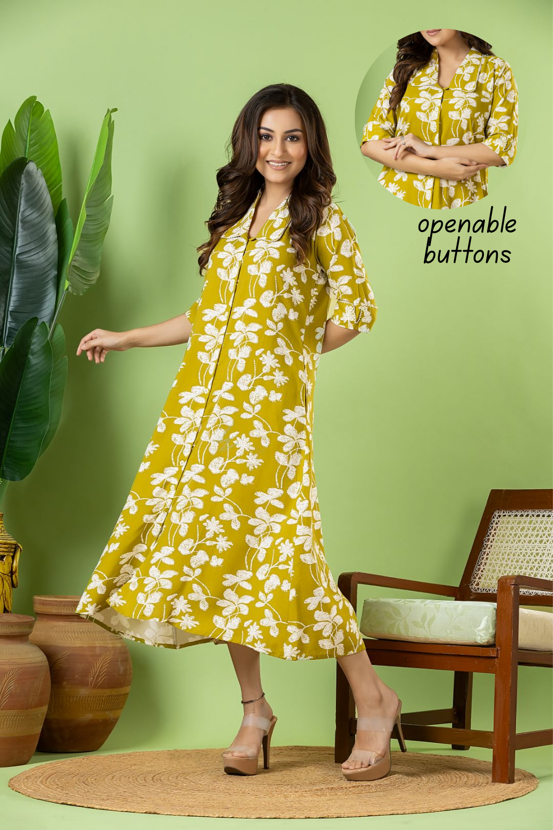 Olive Green Floral Print A-Line Dress