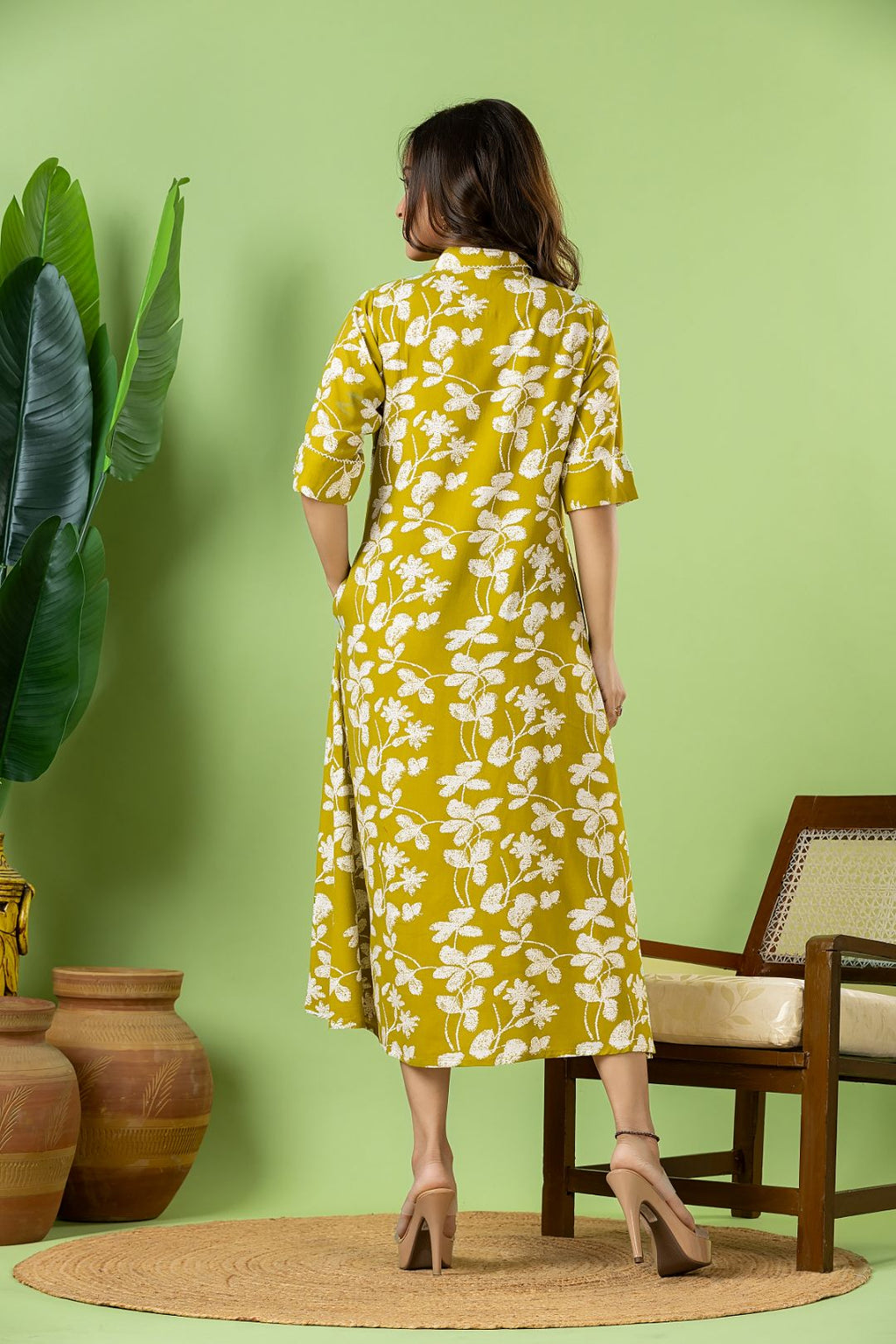 Olive Green Floral Print A-Line Dress