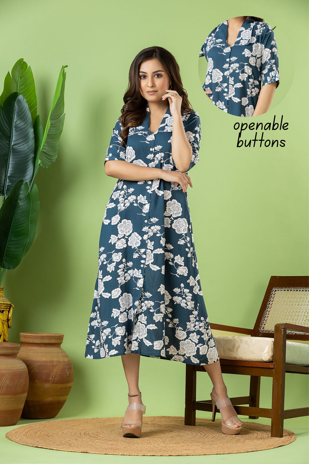 Steel Blue Floral Print A-Line Dress