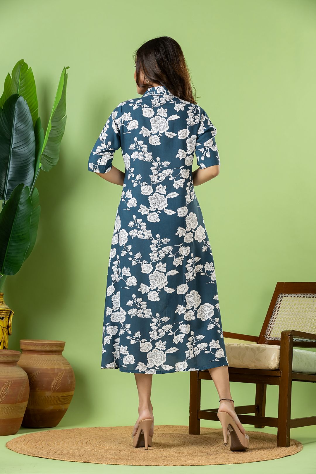 Steel Blue Floral Print A-Line Dress