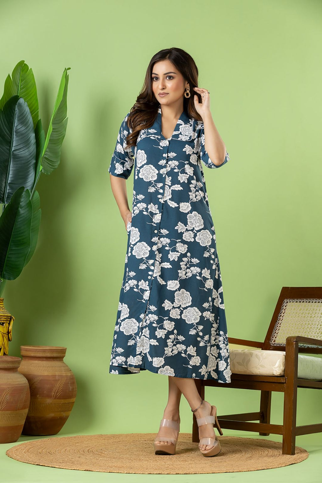 Steel Blue Floral Print A-Line Dress