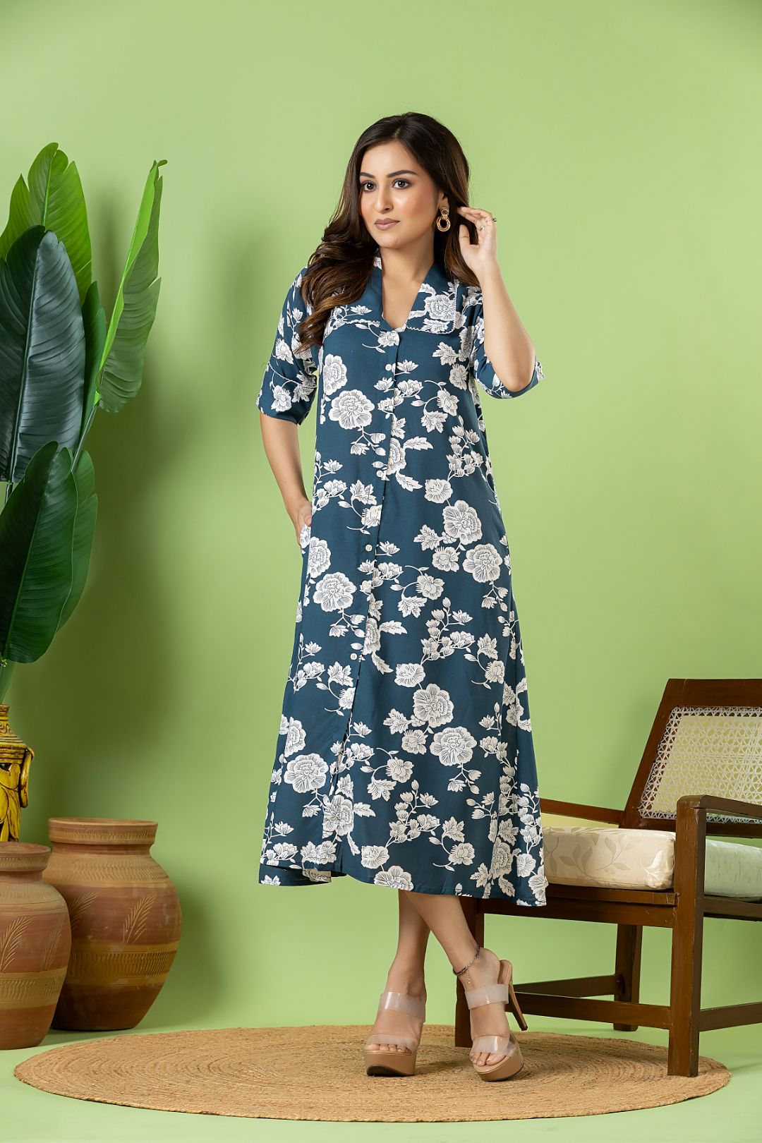 Steel Blue Floral Print A-Line Dress
