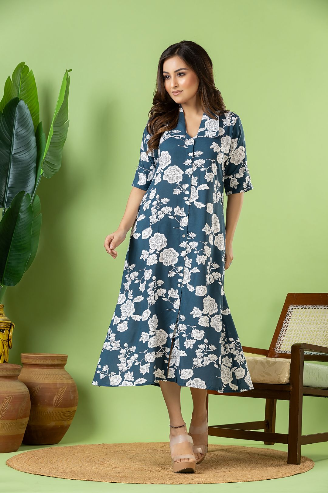 Steel Blue Floral Print A-Line Dress