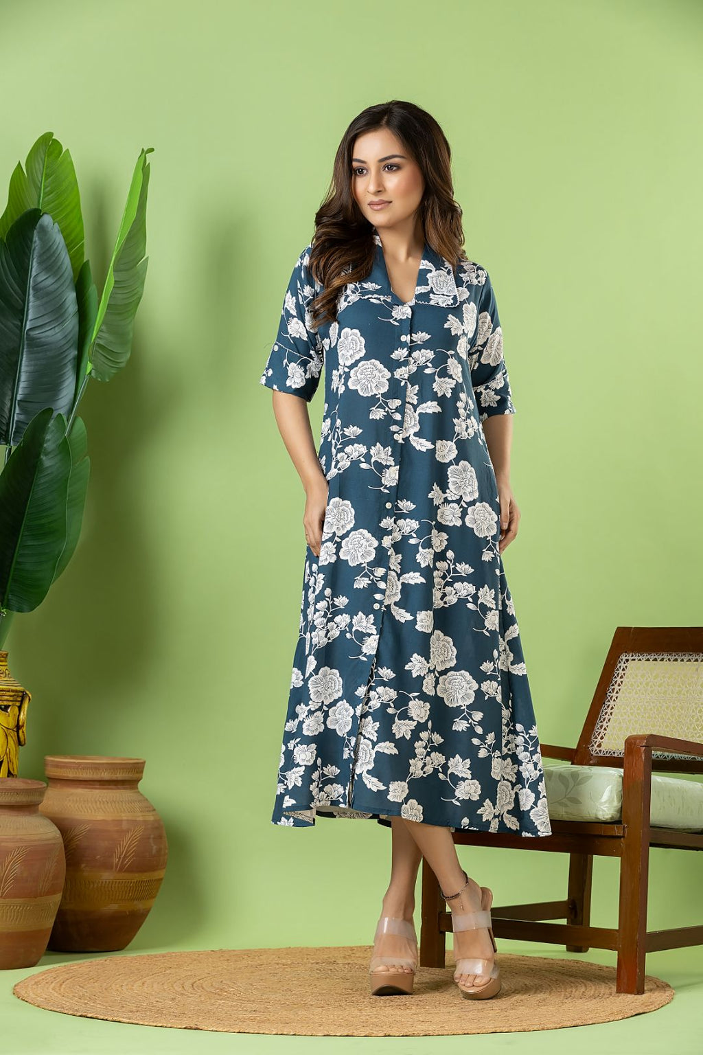 Steel Blue Floral Print A-Line Dress