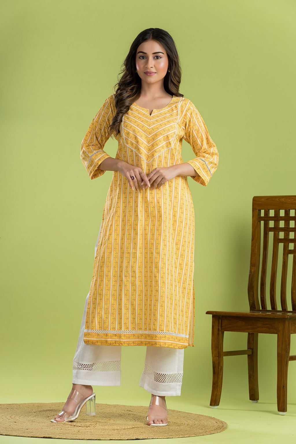 Yellow Striped Straight Kurta