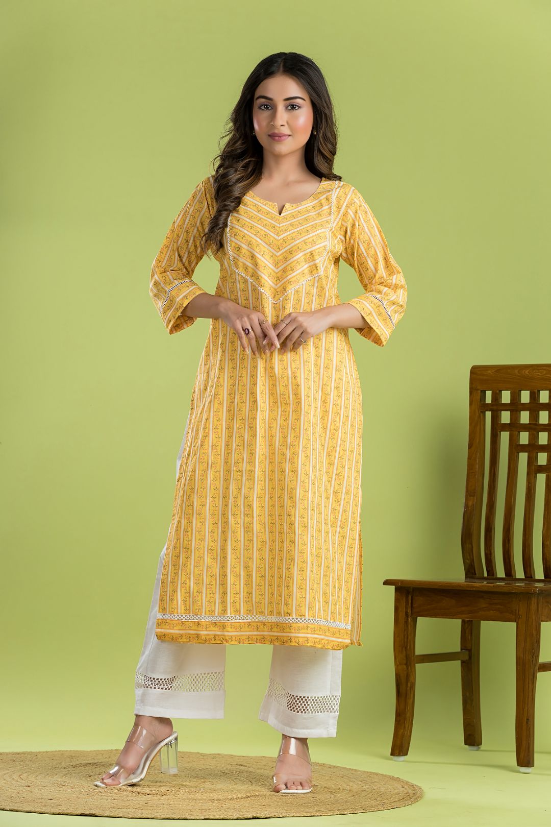 Yellow Striped Straight Kurta