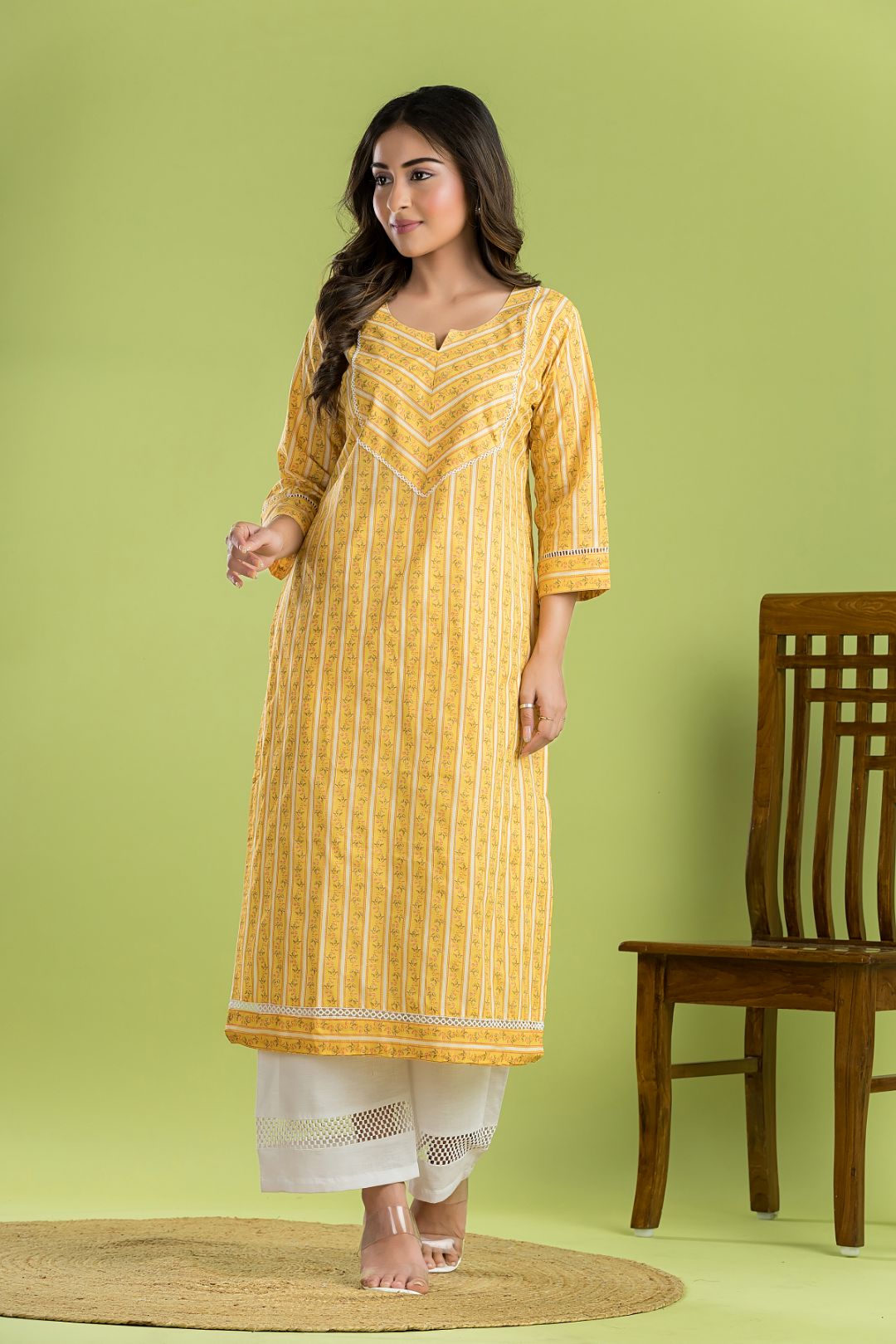 Yellow Striped Straight Kurta