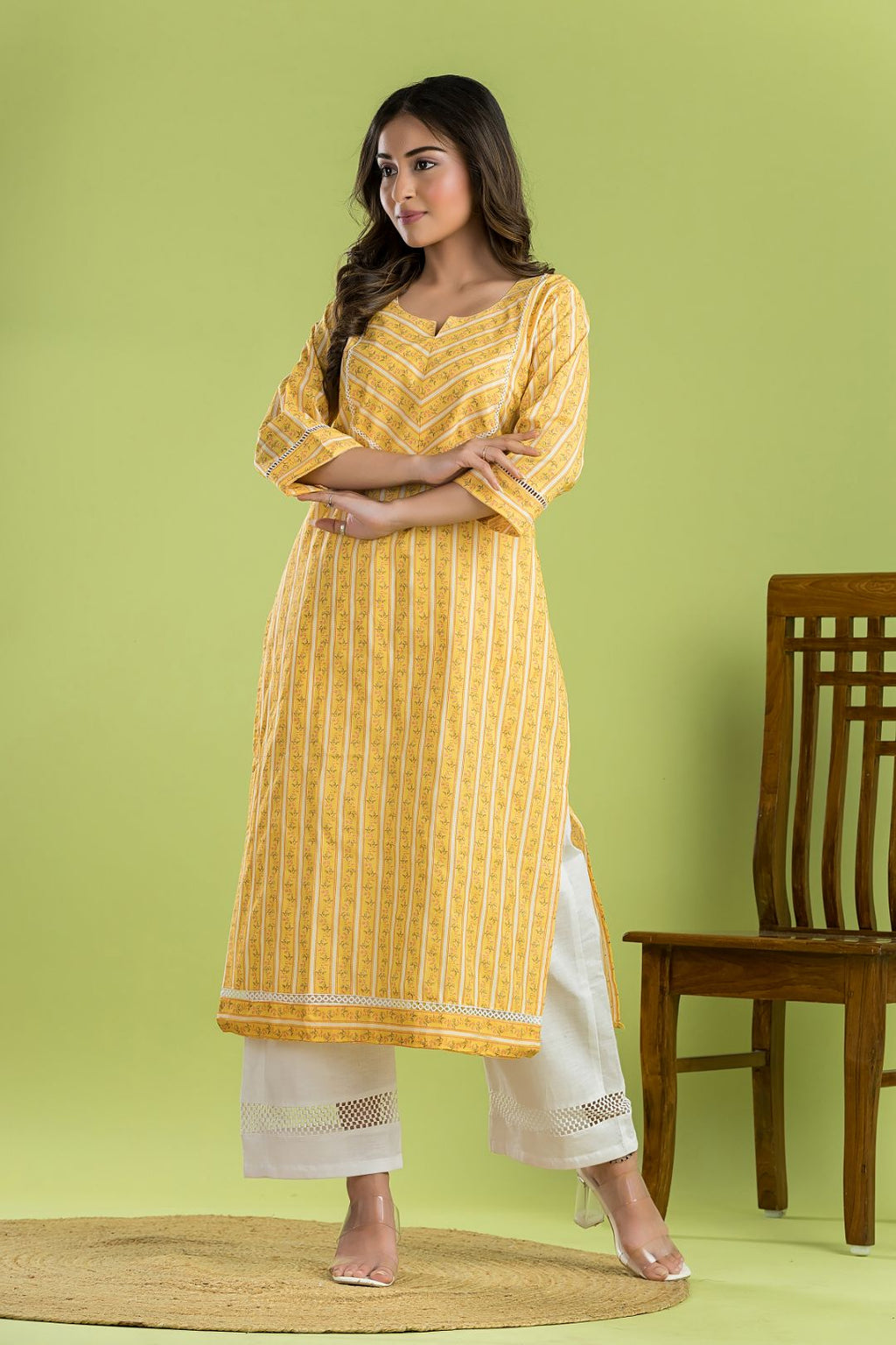 Yellow Striped Straight Kurta