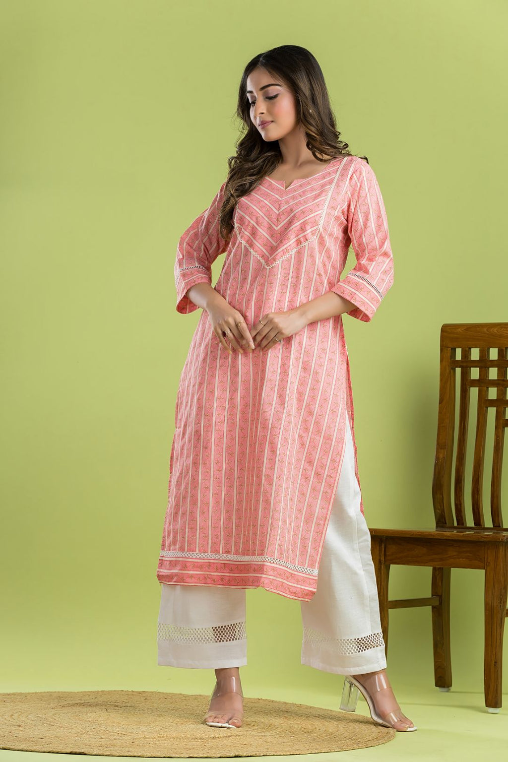 Light Pink Striped Straight Kurta